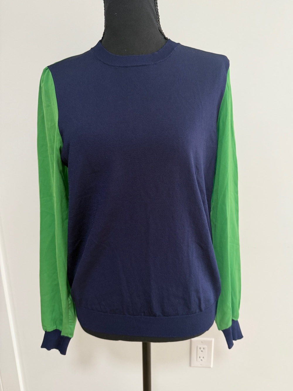 3.1 Phillip Lim Navy Green Colorblock Long Sleeve Crewneck Top Lightweight XS